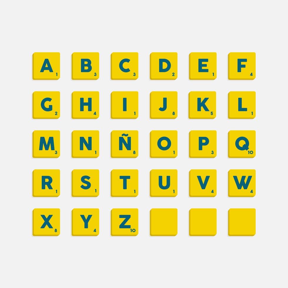 Gelb Komplett Alphabet Großbuchstaben im scrabble Briefe. isolieren Vektor Illustration bereit zu komponieren Wörter und Sätze