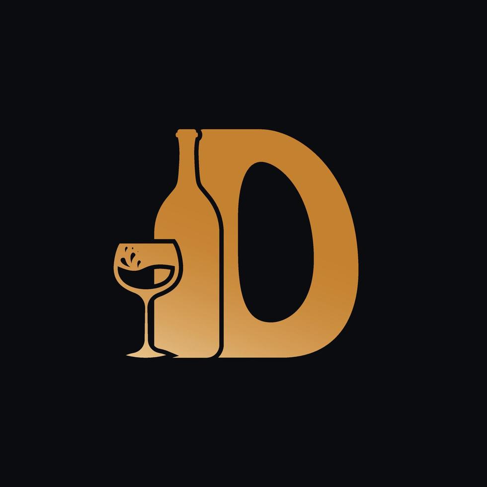 brev d logotyp med vin flaska design vektor illustration på svart bakgrund. vin glas brev d logotyp design