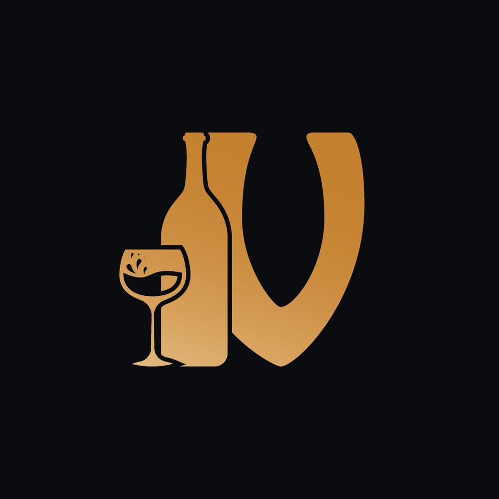 Brief v Logo mit Wein Flasche Design Vektor Illustration auf schwarz Hintergrund. Wein Glas Brief v Logo Design
