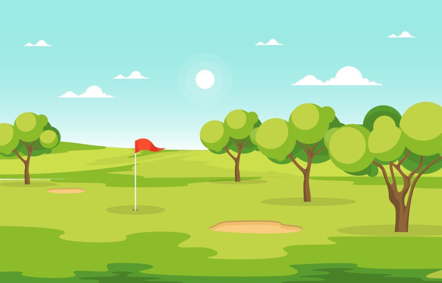 Golfplatz mit roter Fahne, Bäumen und Sandfallen vektor