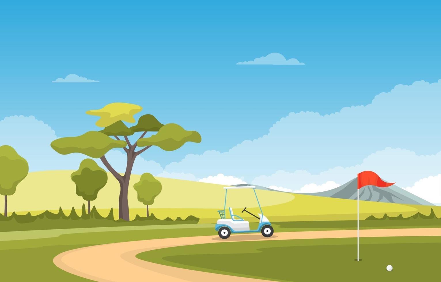 golfbana med röd flagga, golfbil och berg vektor