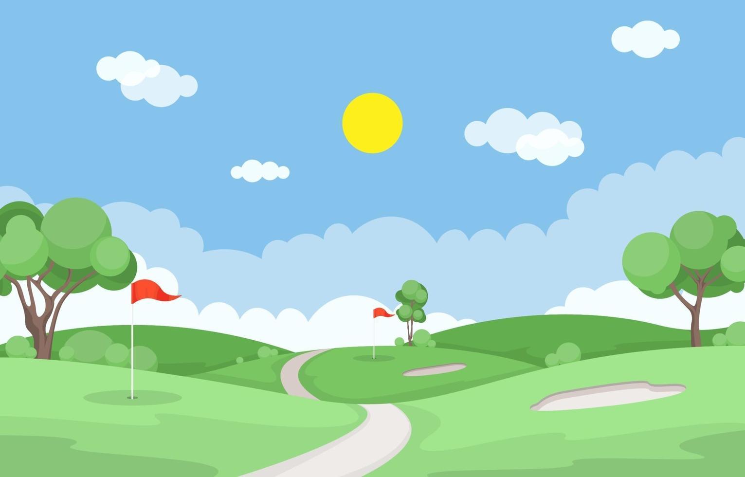 Golfplatz mit roter Fahne, Bäumen und Sandfallen vektor