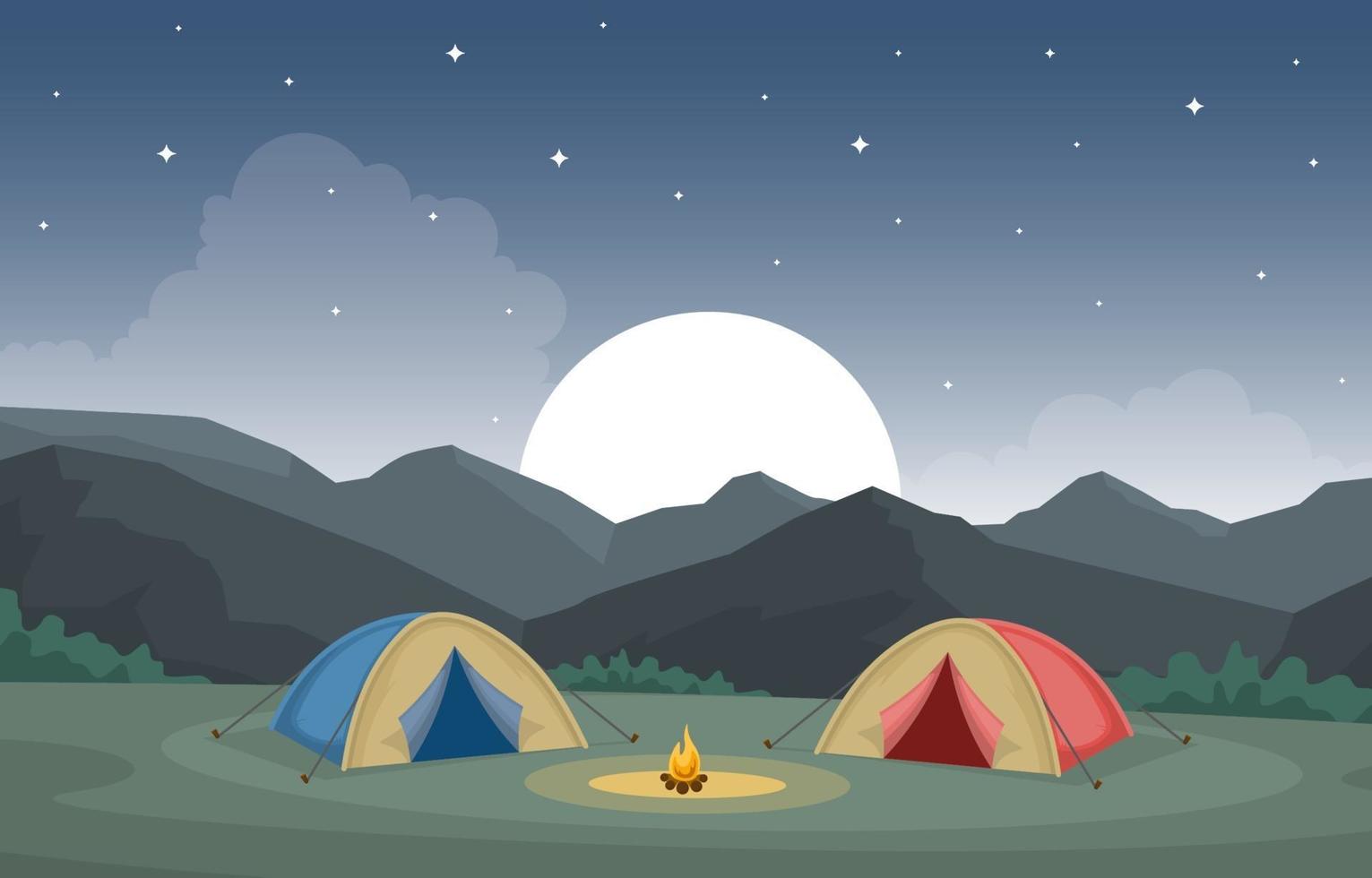 camping tält och lägereld i bergen på natten vektor