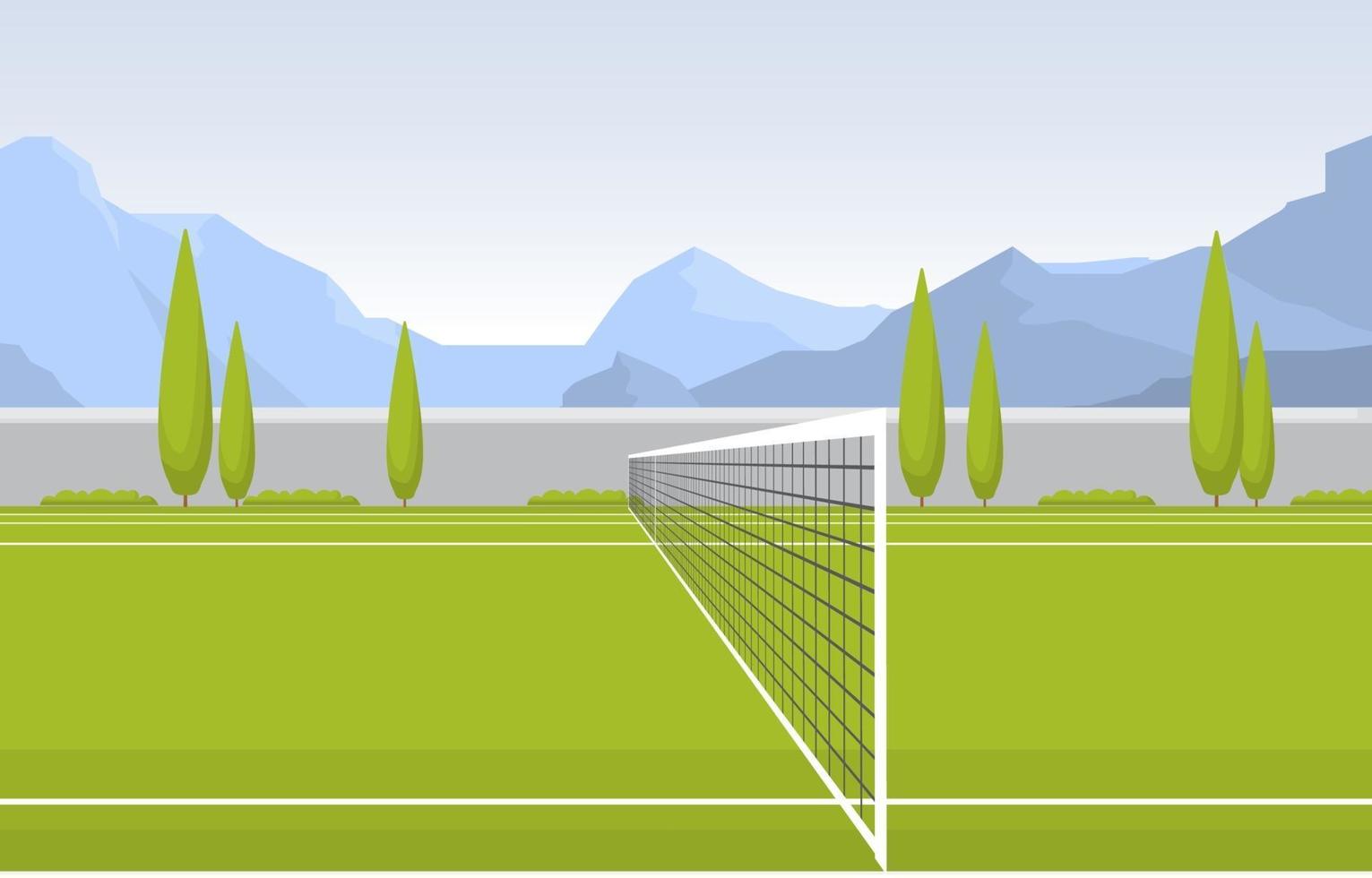 Tennisplatz im Freien, umgeben von Bäumen und Bergen vektor