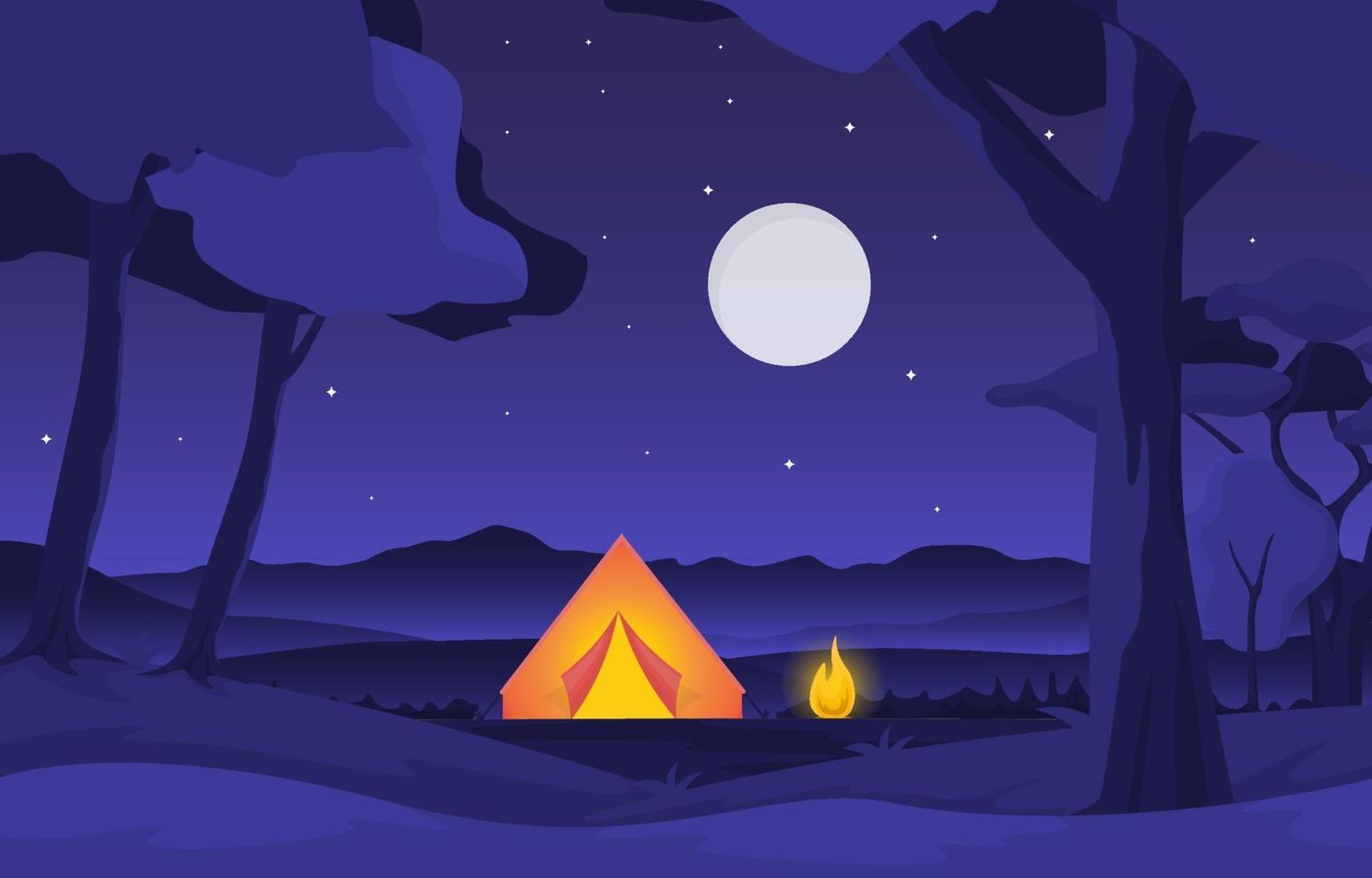 campingtält med lägereld i park på natten vektor