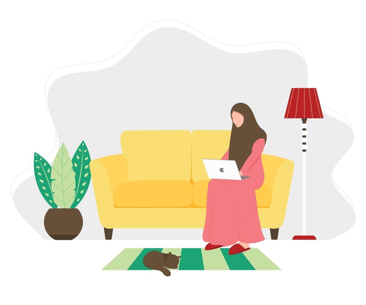 arabisk tjej i hijab med sittande hem för bärbar dator vektor
