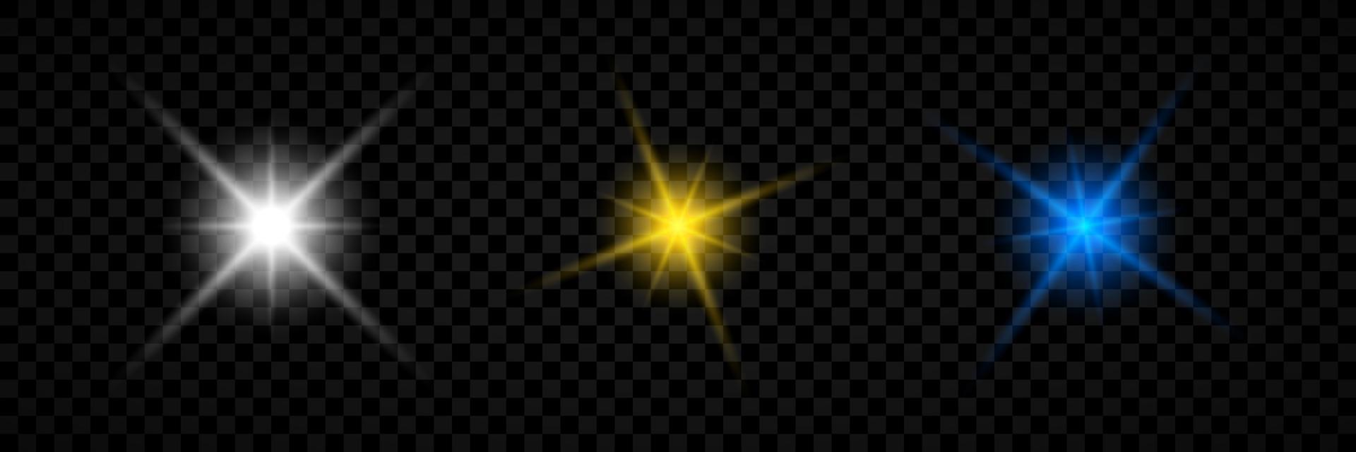 Lichteffekt von Lens Flares. satz von drei weiß, gelb und blau leuchtenden lichtern starburst-effekten mit funkeln auf einem transparenten hintergrund. Vektor-Illustration vektor