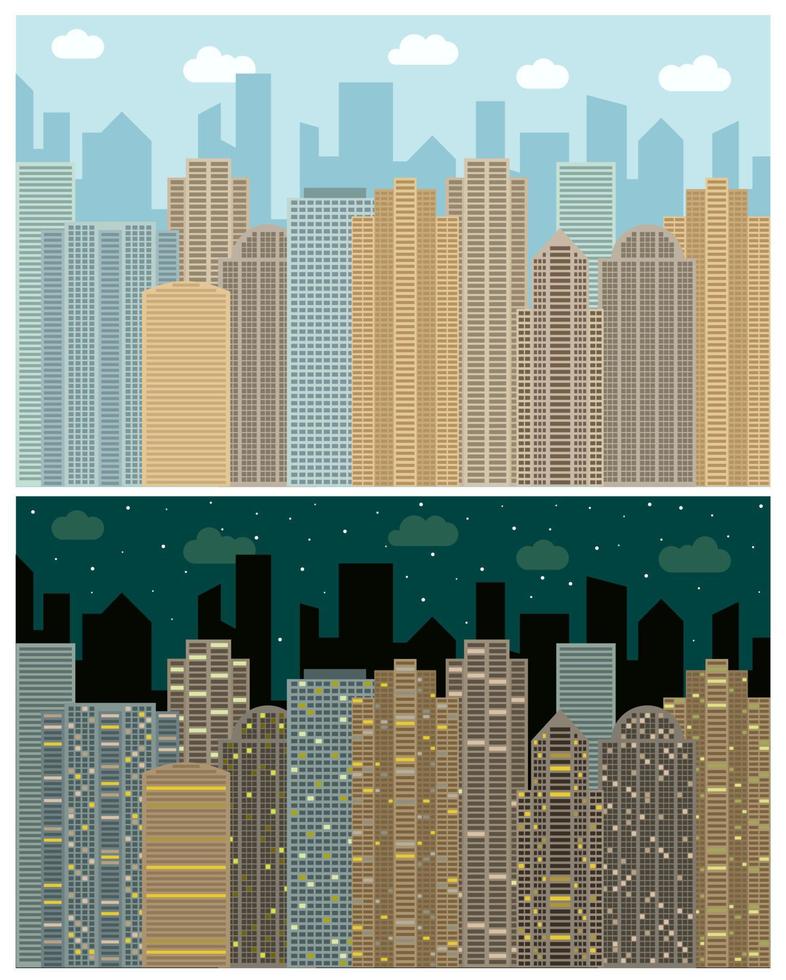 gata se med stadsbild, skyskrapor och modern byggnader i de dag och natt. vektor urban landskap illustration.