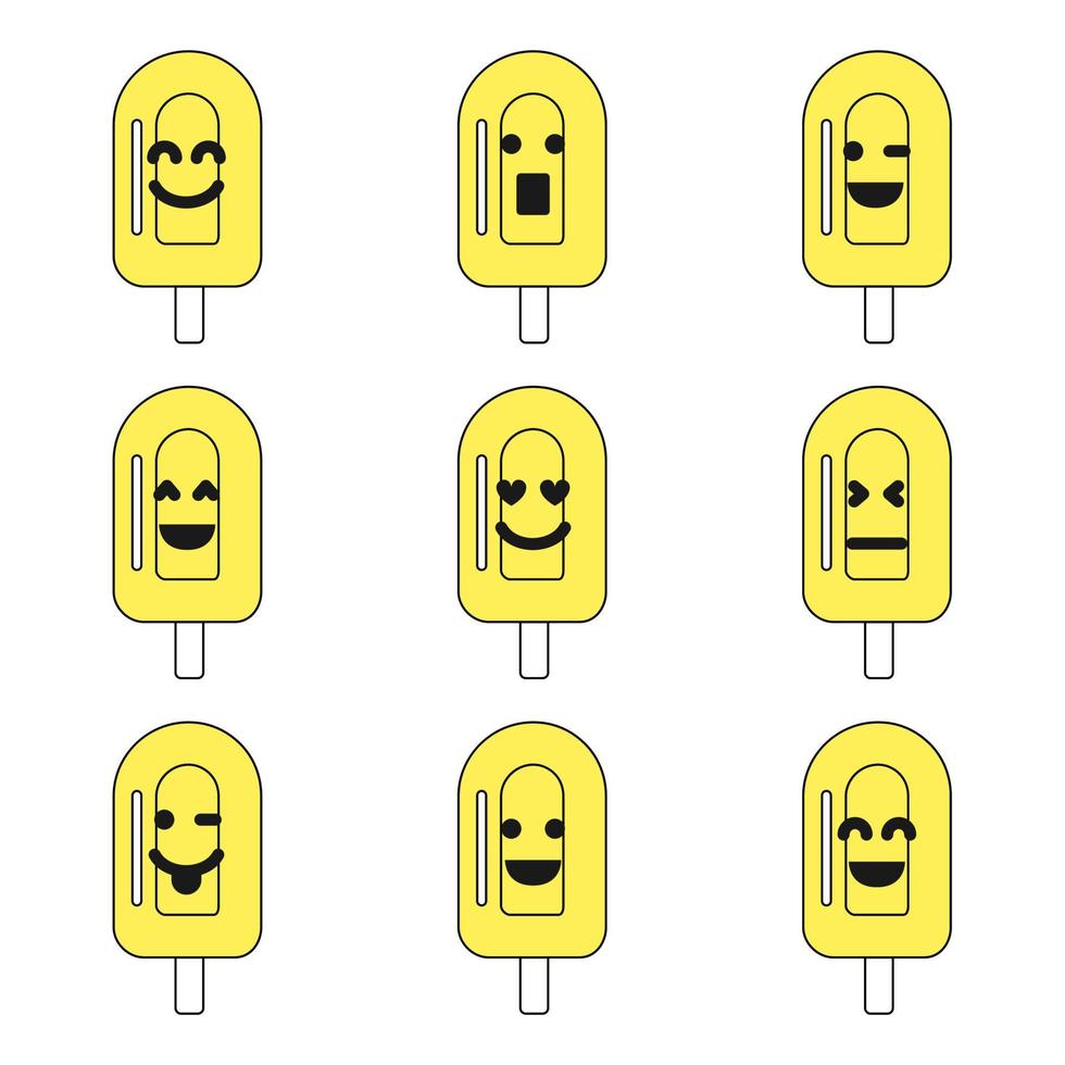 uppsättning av nio gul emoji is grädde med annorlunda tecken på vit bakgrund. vektor illustration