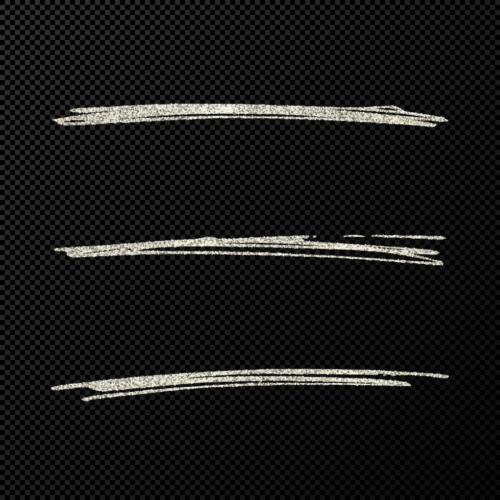 abstrakt skinande konfetti glittrande vågor. uppsättning av tre hand dragen borsta silver- stroke på svart transparent bakgrund. vektor illustration