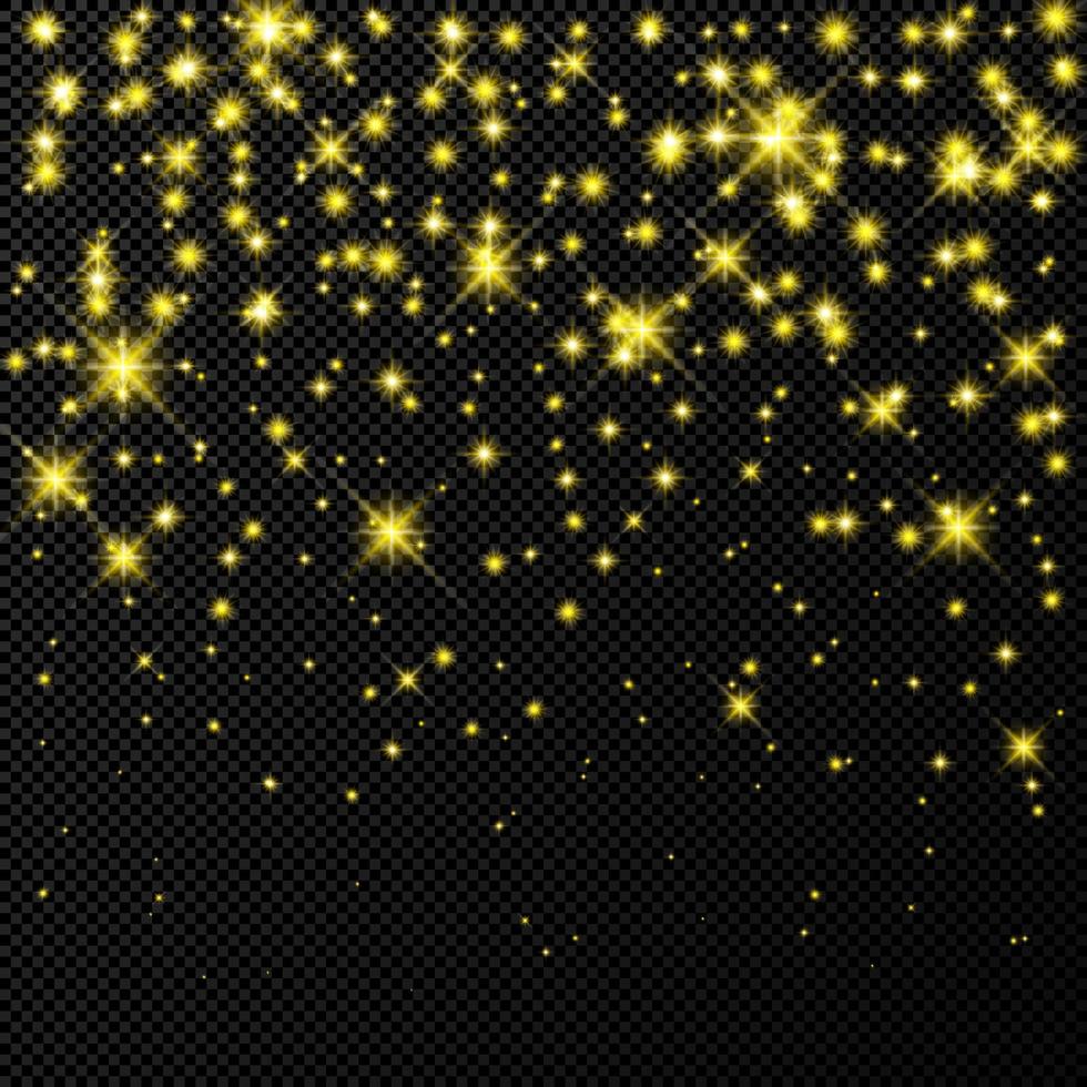 guld bakgrund med stjärnor och damm pärlar isolerat på mörk transparent bakgrund. fest magisk jul lysande ljus effekt. vektor illustration.