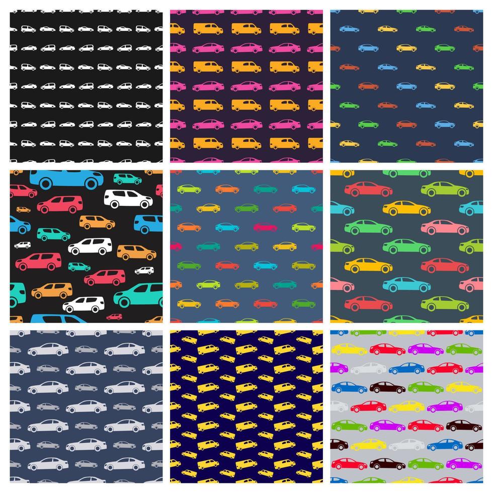 uppsättning av nio sömlös mönster med bilar på Flerfärgad bakgrund. vektor illustration.