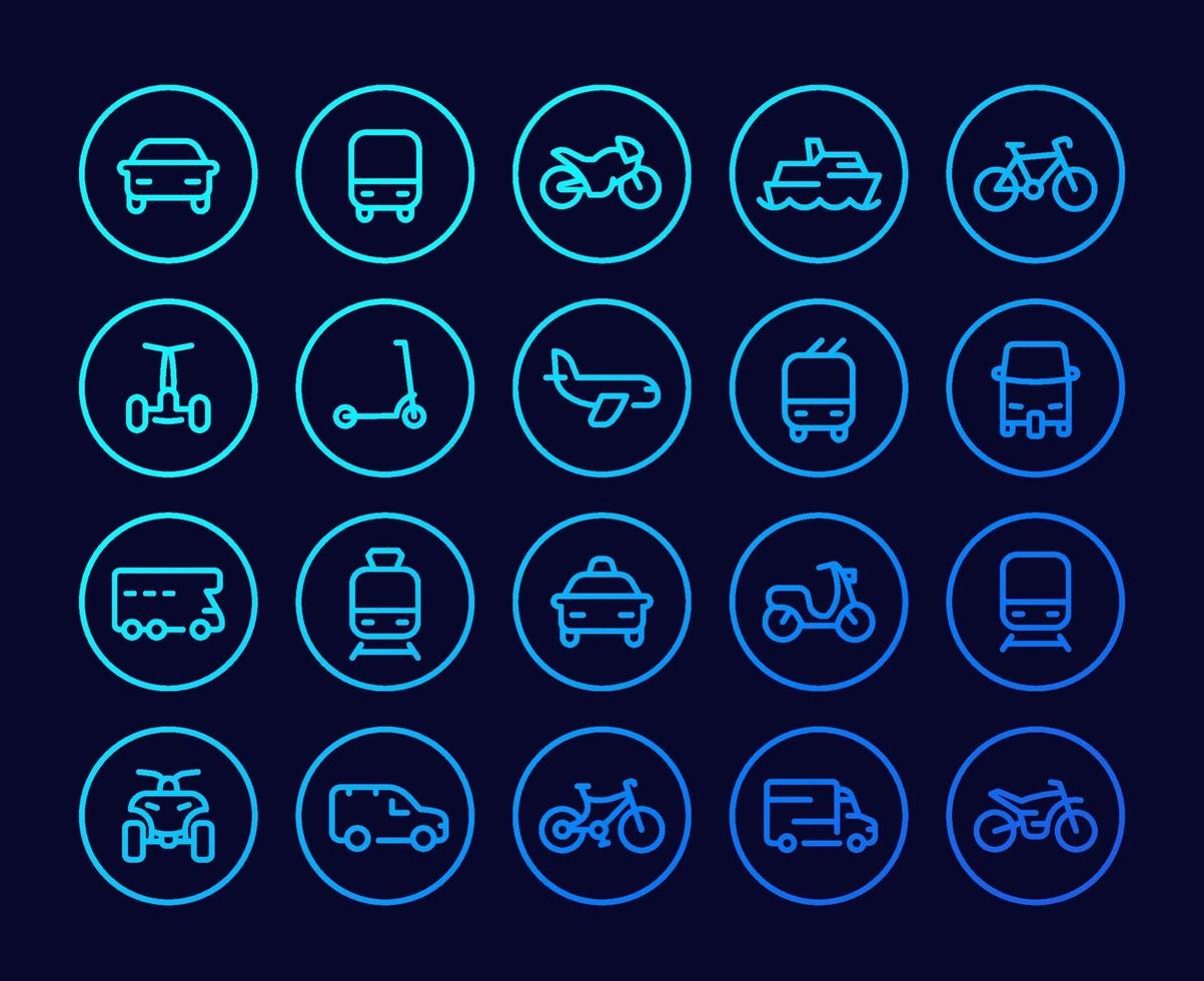 transport linje ikoner set, bilar, skåpbil, cykel, motorcykel, buss, tåg, flygplan, taxi, tuk tuk och fyrhjuling. eps vektor