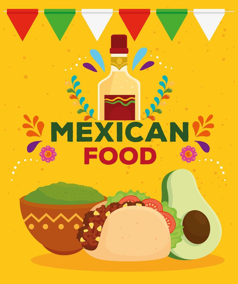 mexikanisches Lebensmittelplakat mit Flasche Tequila, Taco, Guacamole und Avocado vektor