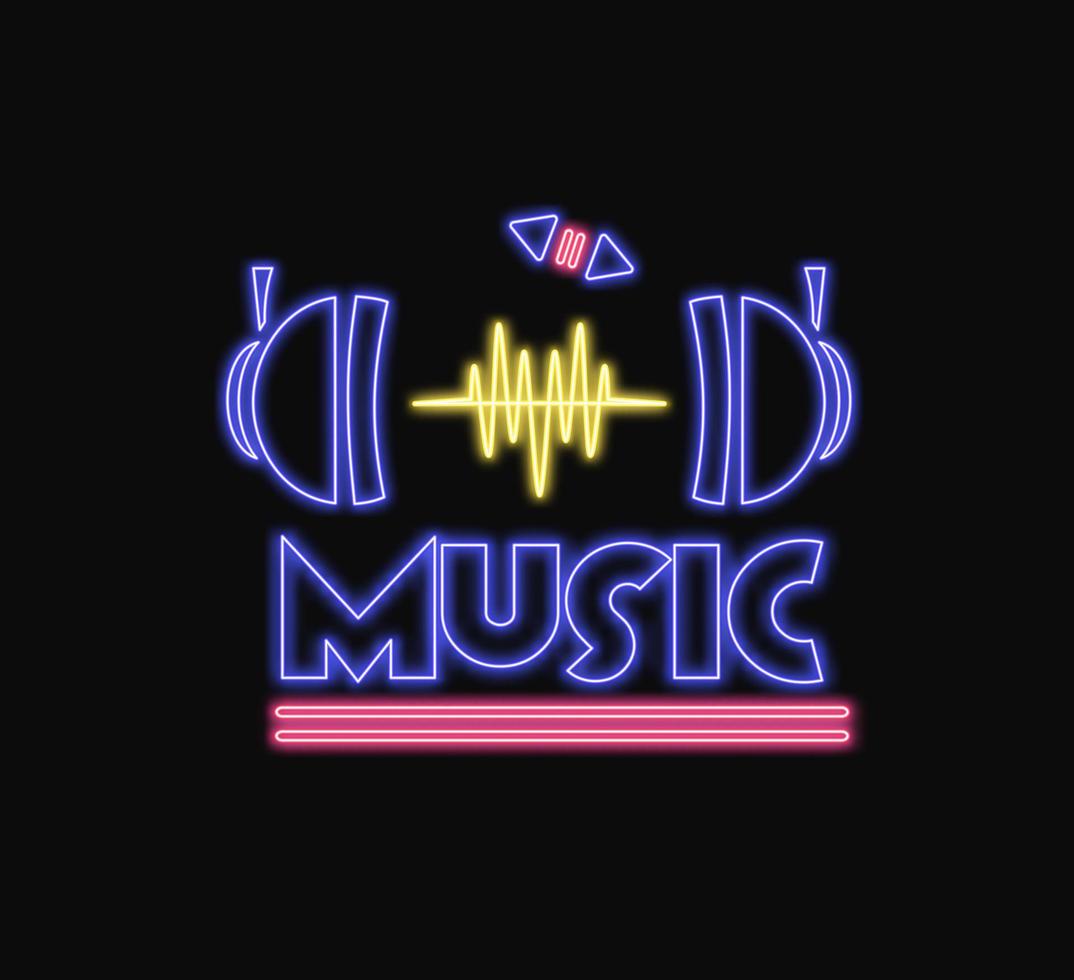 musik neon tecken logotyp. lysande neon ljus ikon. färgrik neon ljus musik ljud isolerat på svart bakgrund. vektor illustration