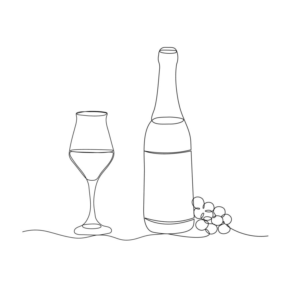 Flasche von Wein mit Weinglas und Traube Bündel im kontinuierlich einer Linie Zeichnung. Vektor Illustration