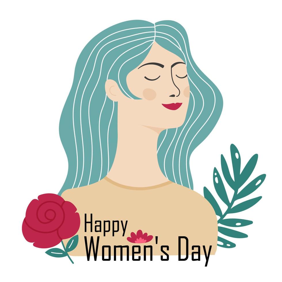 internationell kvinnors dag. vektor hälsning kort. Mars, 8. flicka med lång hår på en vit bakgrund
