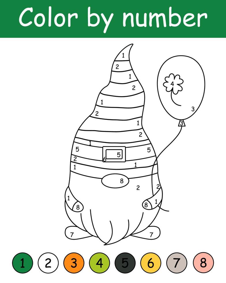 Färg förbi siffra spel för ungar. söt gnome med balong. st. Patricks dag färg bok. tryckbar kalkylblad med lösning för skola och förskola. inlärning tal aktivitet. vektor