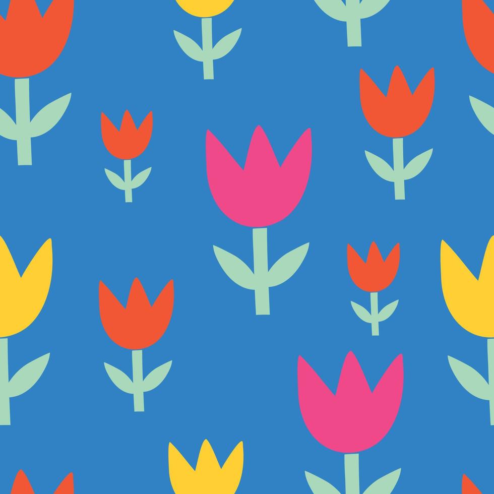 nahtlos Muster mit Frühling Blumen, Gekritzel Stil Tulpen auf Blau Hintergrund, vector.print vektor