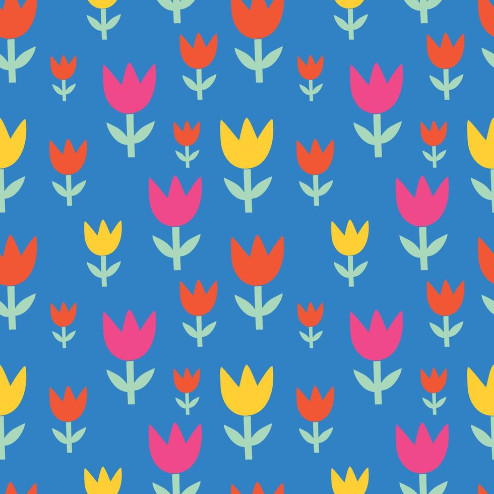 sömlös mönster med vår blommor, klotter stil tulpaner på blå bakgrund, vektor. vektor