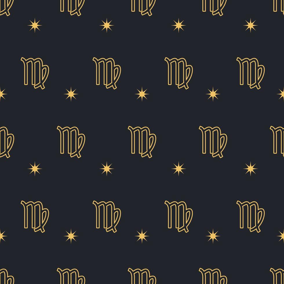 vektor Jungfrun sömlös guld mönster. upprepa zodiaken tecken med stjärnor på en svart bakgrund