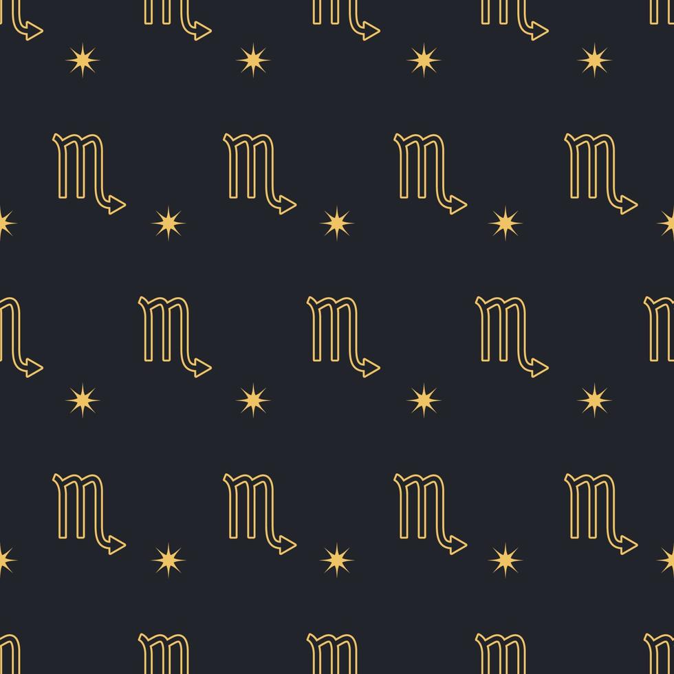 vektor scorpio sömlös guld mönster. upprepa zodiaken tecken med stjärnor på en svart bakgrund