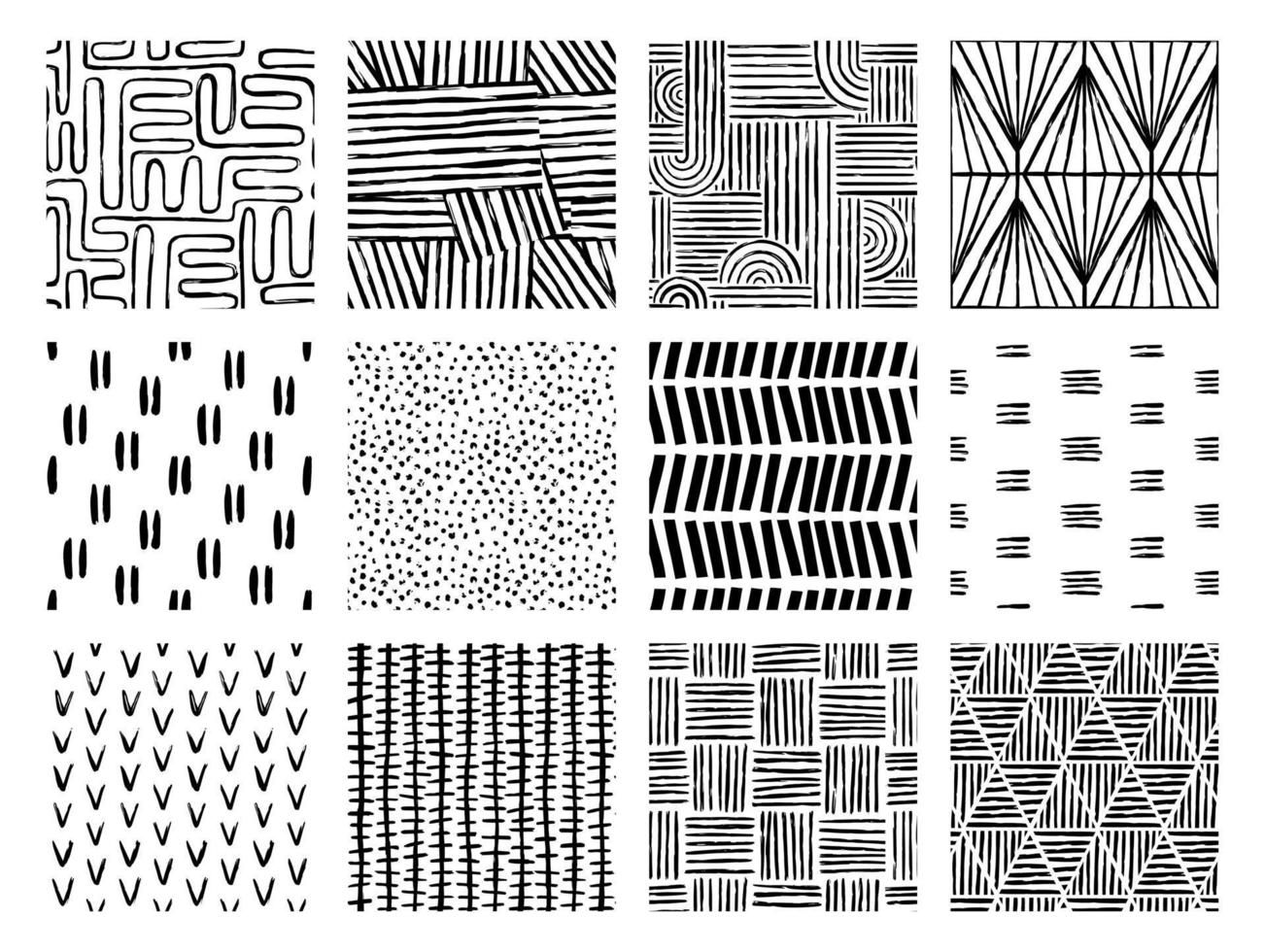 einstellen von ästhetisch zeitgenössisch druckbar nahtlos Muster mit abstrakt minimal elegant Linie Bürste Schlaganfall Formen und Linie im schwarz und Weiß Farben. vektor