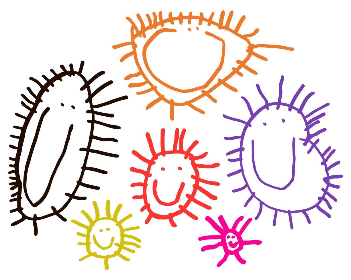 Lycklig leende barn dragen stil uppsättning av solar. söt färgrik platt barnslig Sol teckning. Sol doodles. vektor illustration.