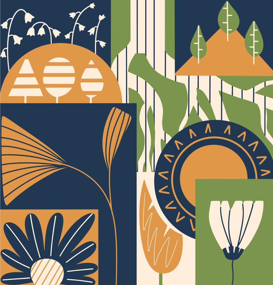 Blumen- abstrakt Postkarte, Hintergrund. botanisch Komposition im das Stil von Modernismus. Natur Poster. Vektor Illustration