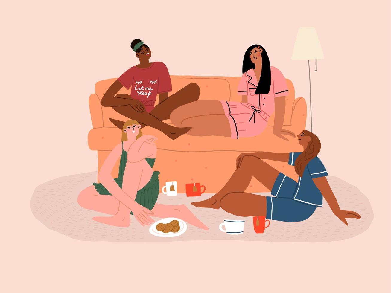 vier Mädchen sind reden Sitzung auf das Couch. Frauen Freundschaft und Kommunikation. eben Vektor Illustration. Vektor Illustration