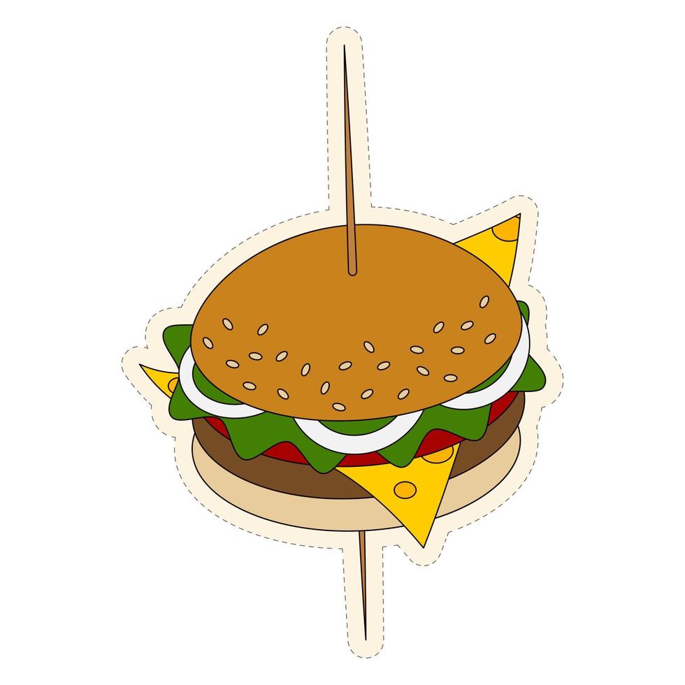 aptitlig hamburgare på en grillspett med ost, lök, tomat och sallad. klistermärke. Lycklig burger dag. vektor