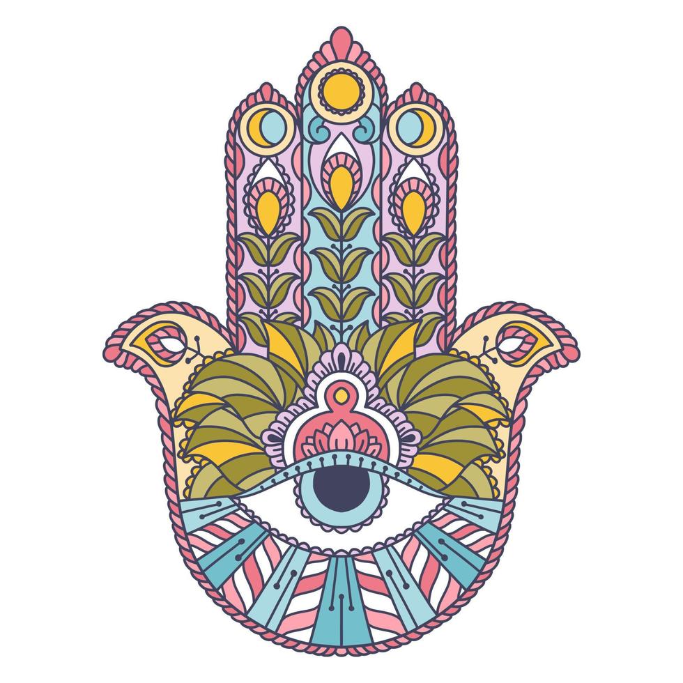 fatima hand färgad indisk symbol. khamsa, helig östra tecken, Bra tur charm. hamsa med Allt seende öga. vektor