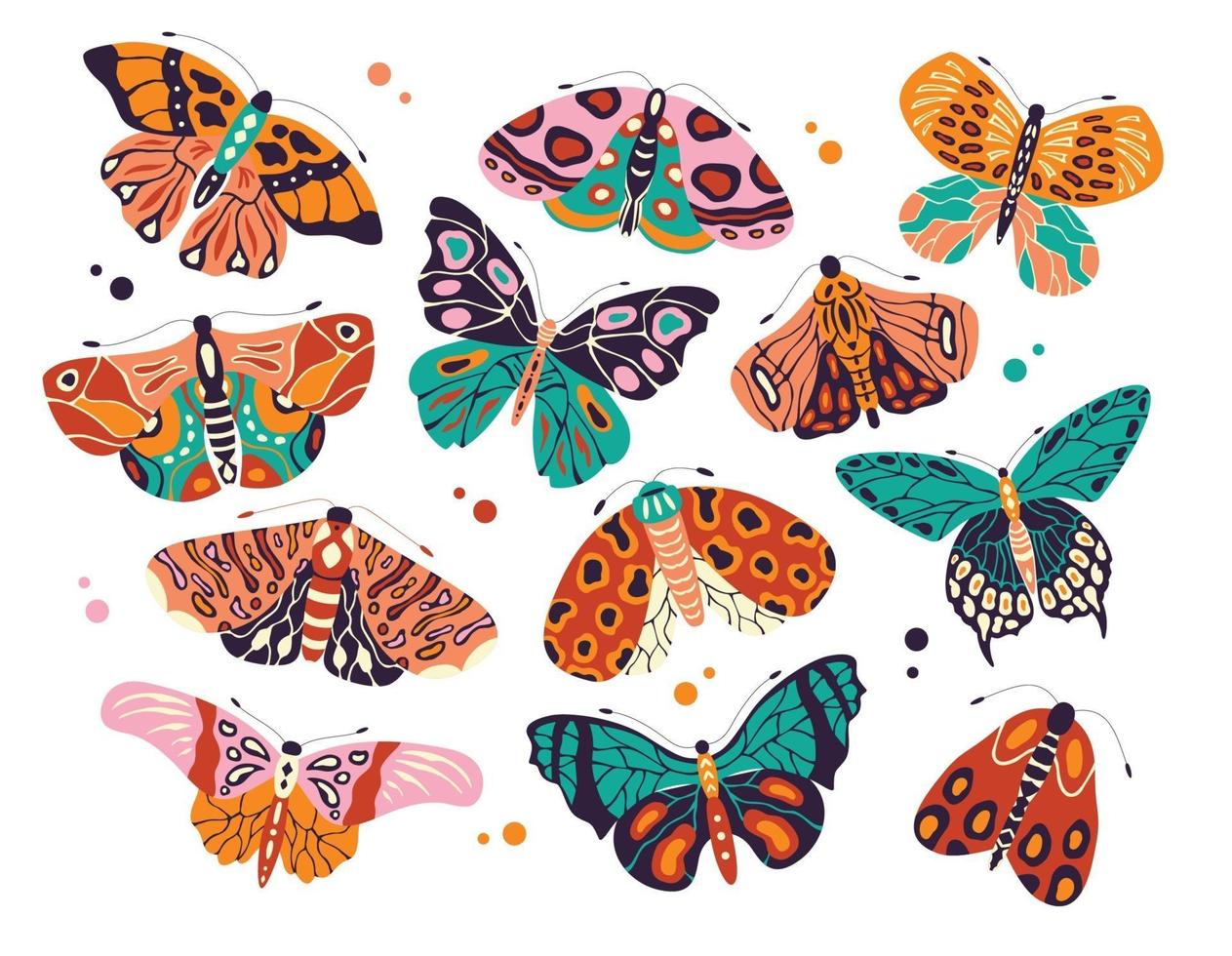 samling av färgglada handritade fjärilar och malar på vit bakgrund. stiliserade flygande insekter, vektorillustration. vektor