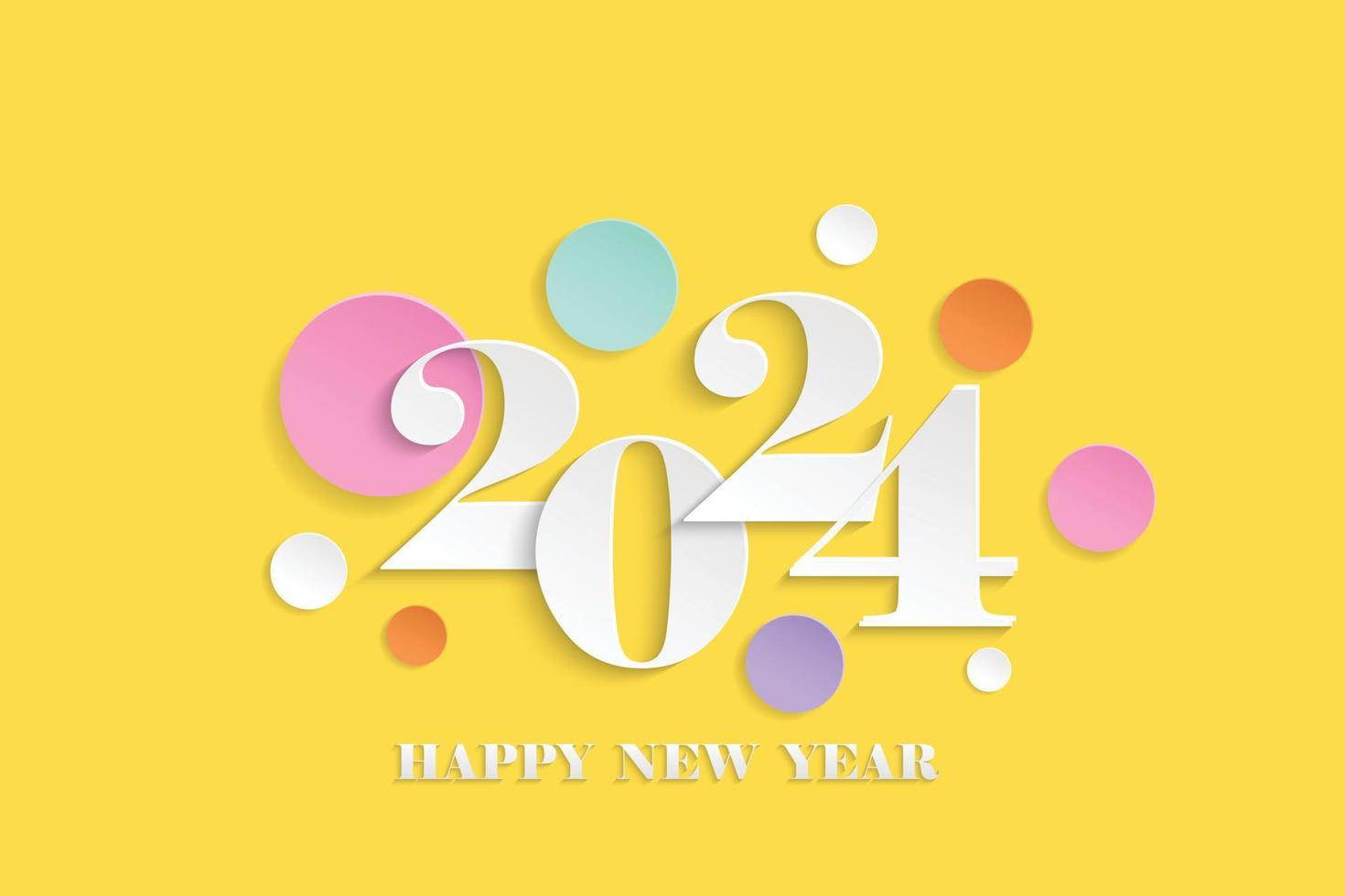 2024 guten Rutsch ins neue Jahr elegantes Design Vektorillustration von Papierschnitt weiße Farbe 2024 Logonummern auf gelbem Hintergrund perfekte Typografie für 2024 Save the Date Luxusdesigns und Neujahrsfeier vektor