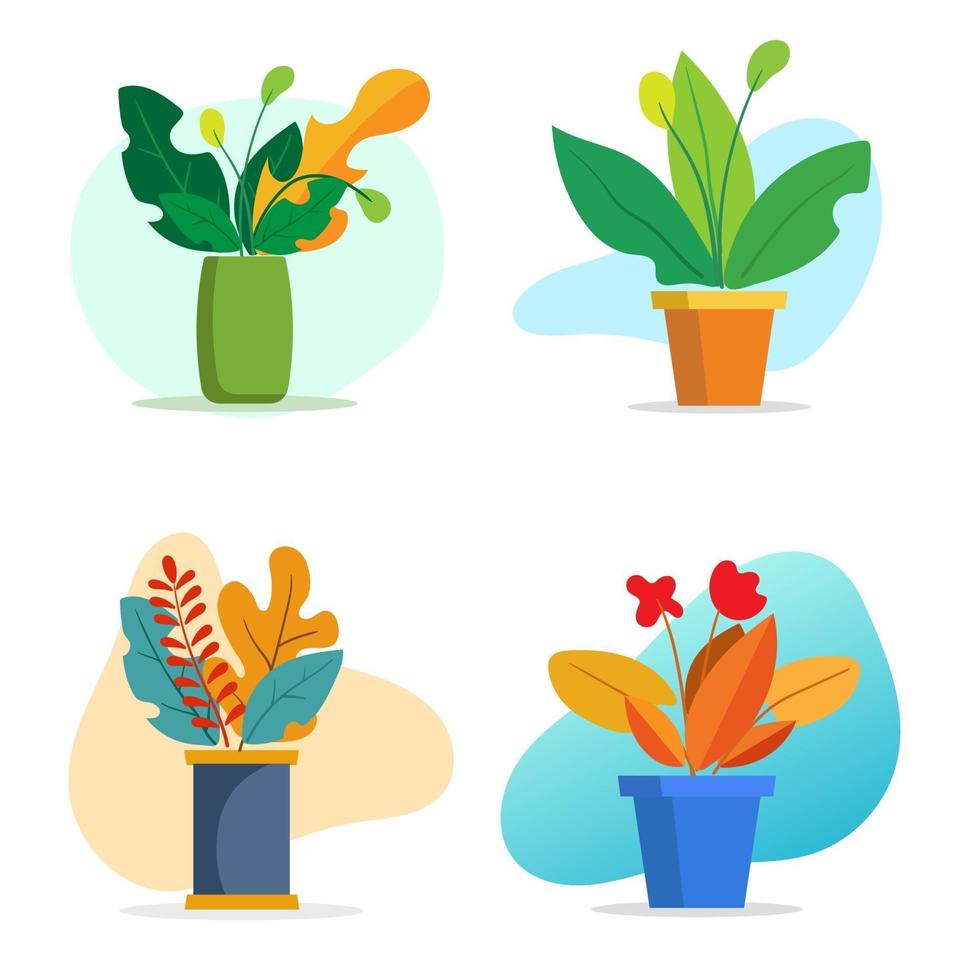 Pflanzen und Blumenvasen. die Elemente für das Grafikdesign. flacher Stil. vektor