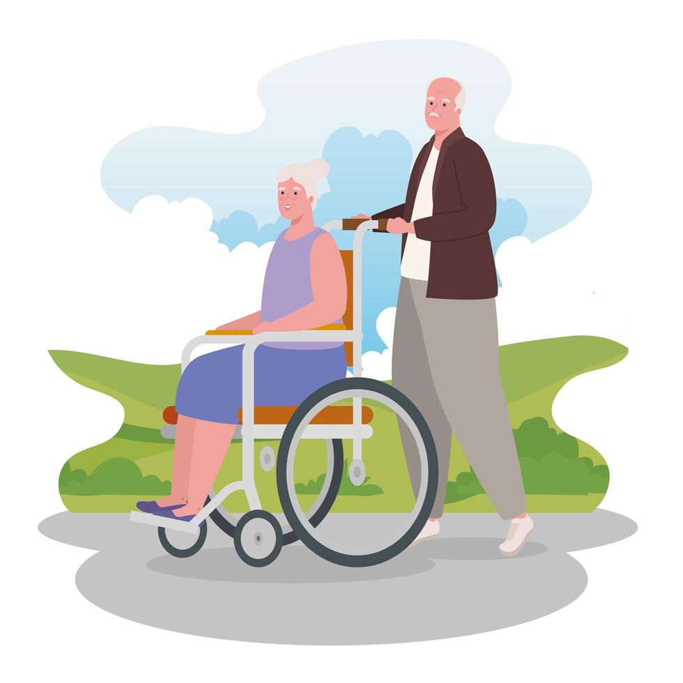 gammal man går utomhus med gammal kvinna i rullstol vektor