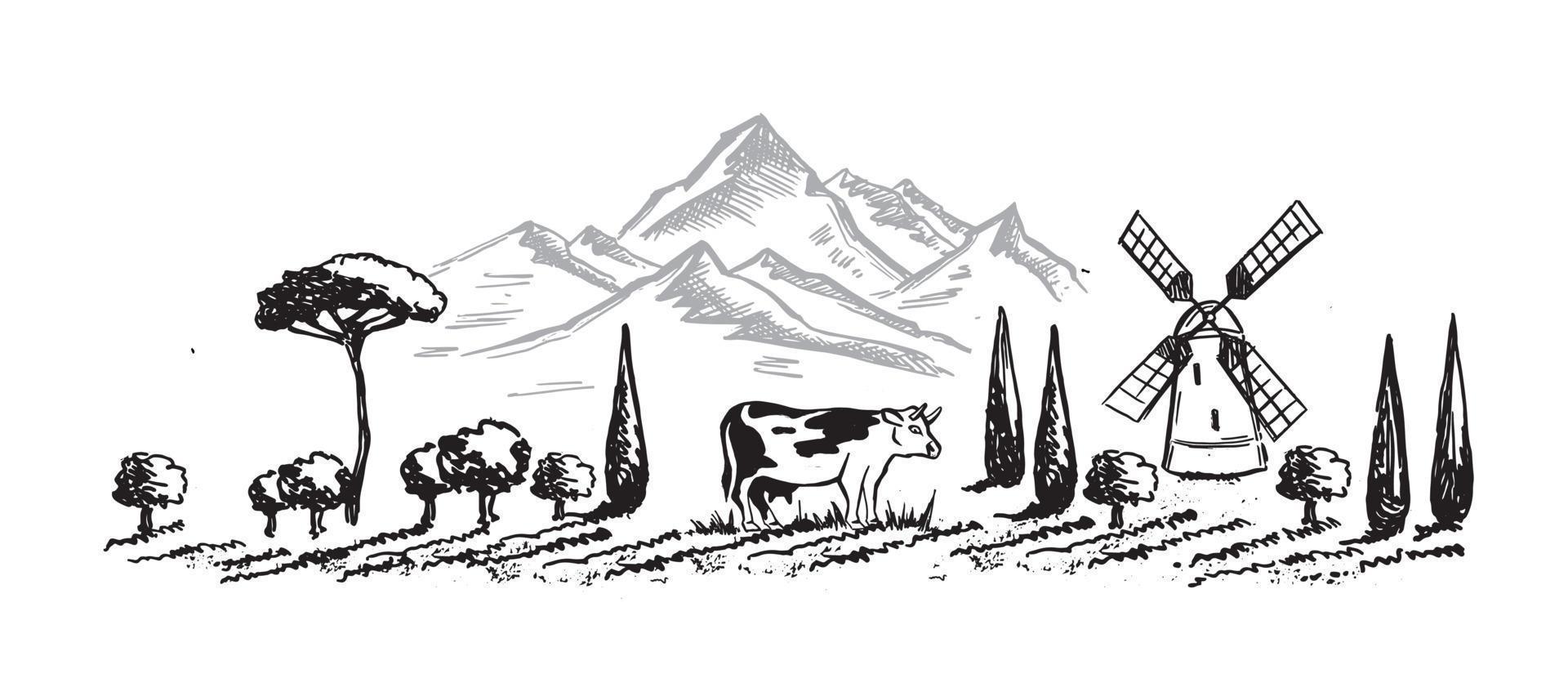 Berglandschaft. Kuh in schwarz. Windmühle. skizzenstil, vektorillustration. vektor