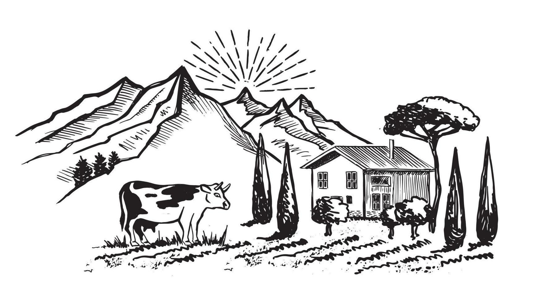 Berglandschaft. Kuh in schwarz. Windmühle. skizzenstil, vektorillustration. vektor