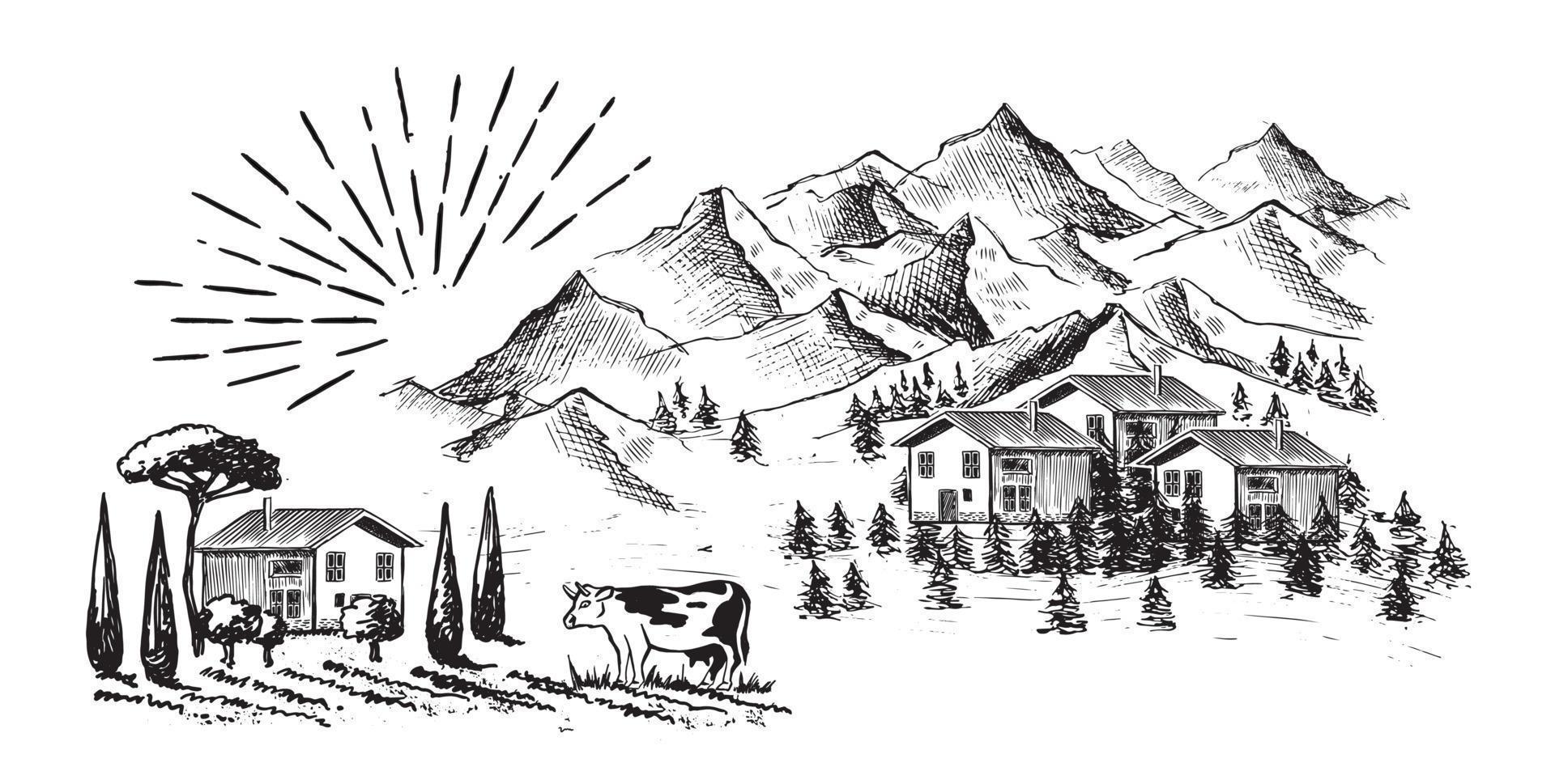 Berglandschaft. Kuh in schwarz. Windmühle. skizzenstil, vektorillustration. vektor