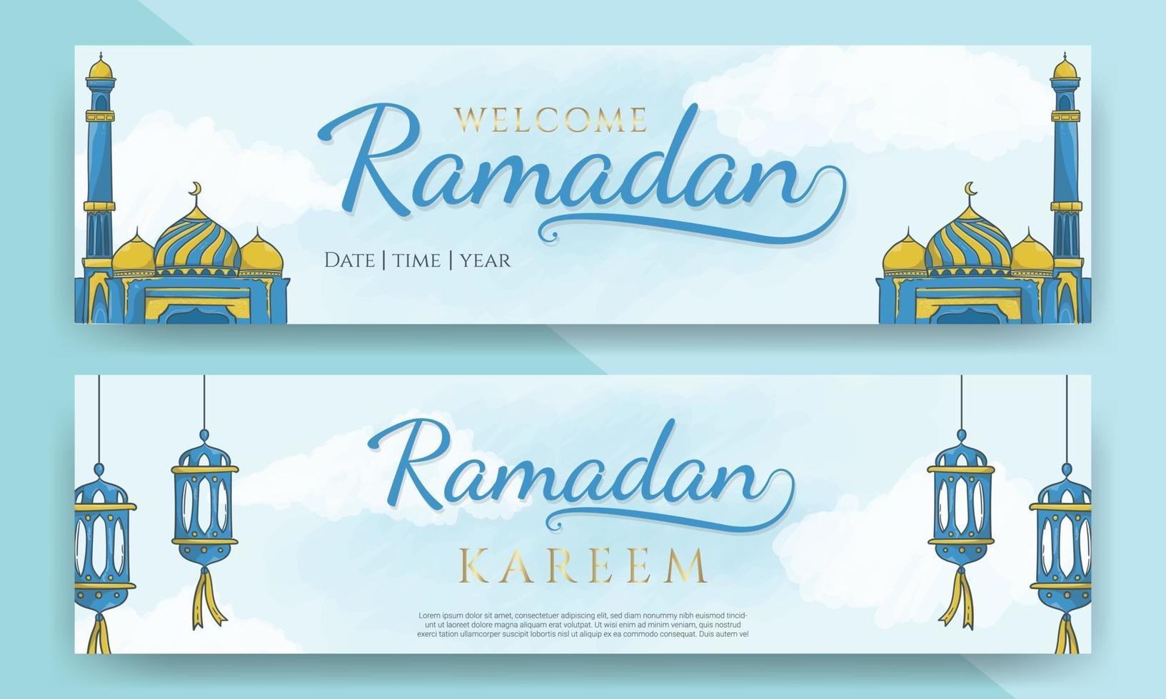 horizontale Banner des Ramadan Kareem mit handgezeichneter islamischer Verzierung vektor