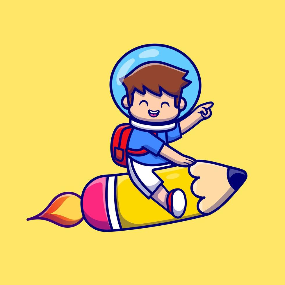söt pojke flygande med penna raket tecknad serie vektor ikon illustration. människor utbildning ikon begrepp isolerat premie vektor. platt tecknad serie stil