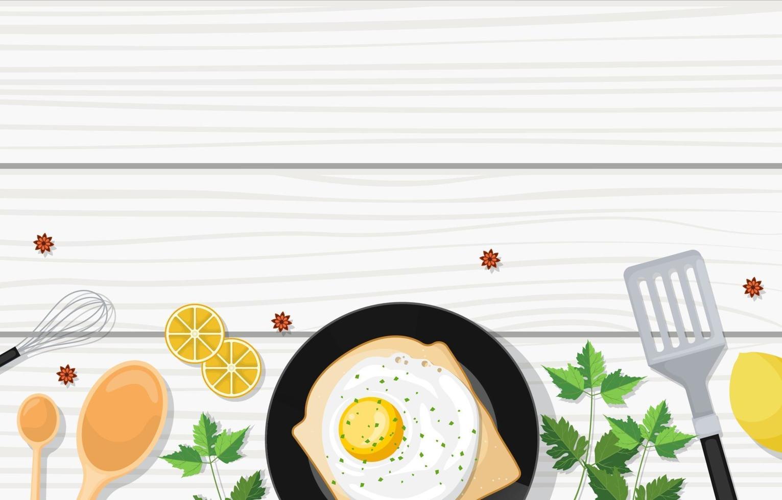 ägg på rostat bröd med köksredskap på träbord vektor