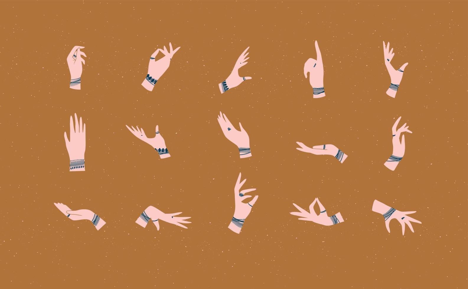 Hände mit Armbänder und Ringe im ethnisch Stil im anders Positionen zu ausdrücken Gefühle und Emotionen Zeichnung auf Senf Hintergrund vektor