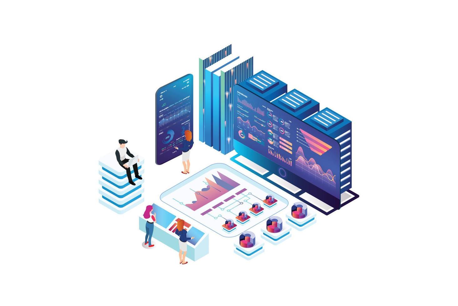 isometrisk teknologi data analys illustration, webb banderoller, lämplig för diagram, infografik, bok illustration, spel tillgång, och Övrig grafisk relaterad tillgångar vektor