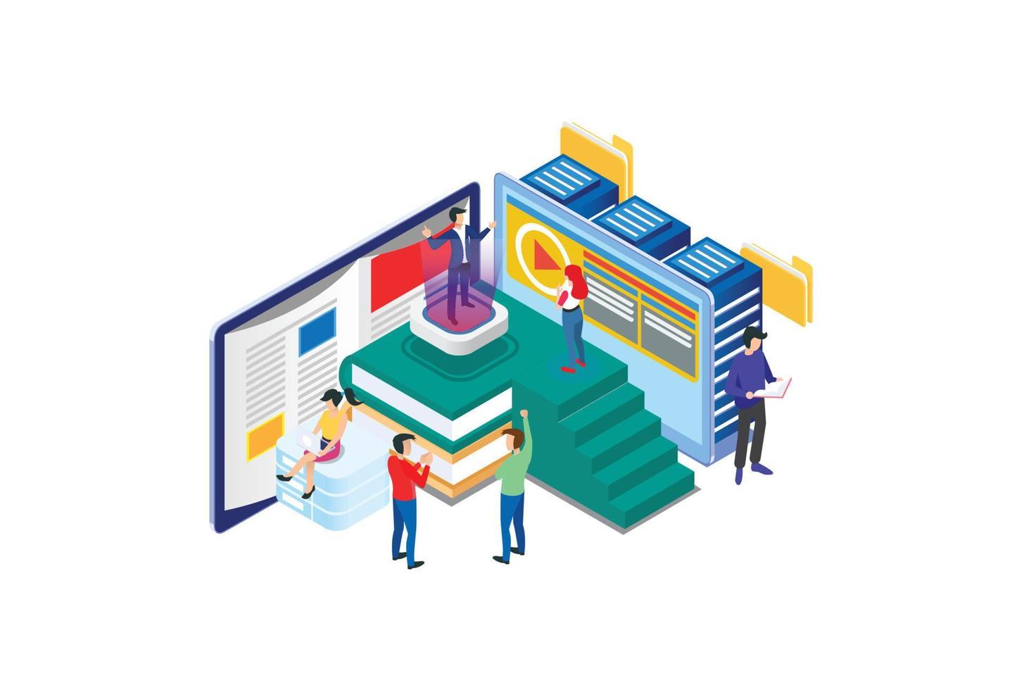 isometrisk studenter e-learning webinar Träning och lyssnande affärsman med hologram. webbseminarium, uppkopplad video Träning, lämplig för diagram, infografik, spel tillgång, och Övrig grafisk relaterad tillgång vektor