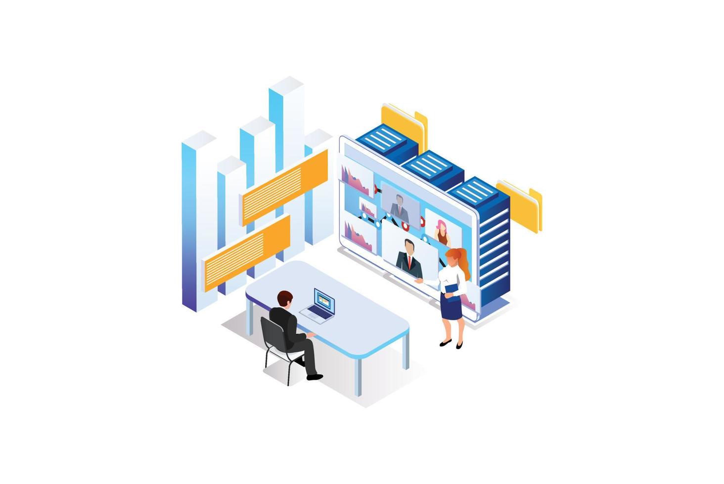 isometrisch Experte Mannschaft zum Daten Analyse, Geschäft Statistik, Management, Beratung, Marketing. Landung Seite Vorlage Konzept. geeignet zum Diagramme, Infografiken, und andere Anlagegut vektor