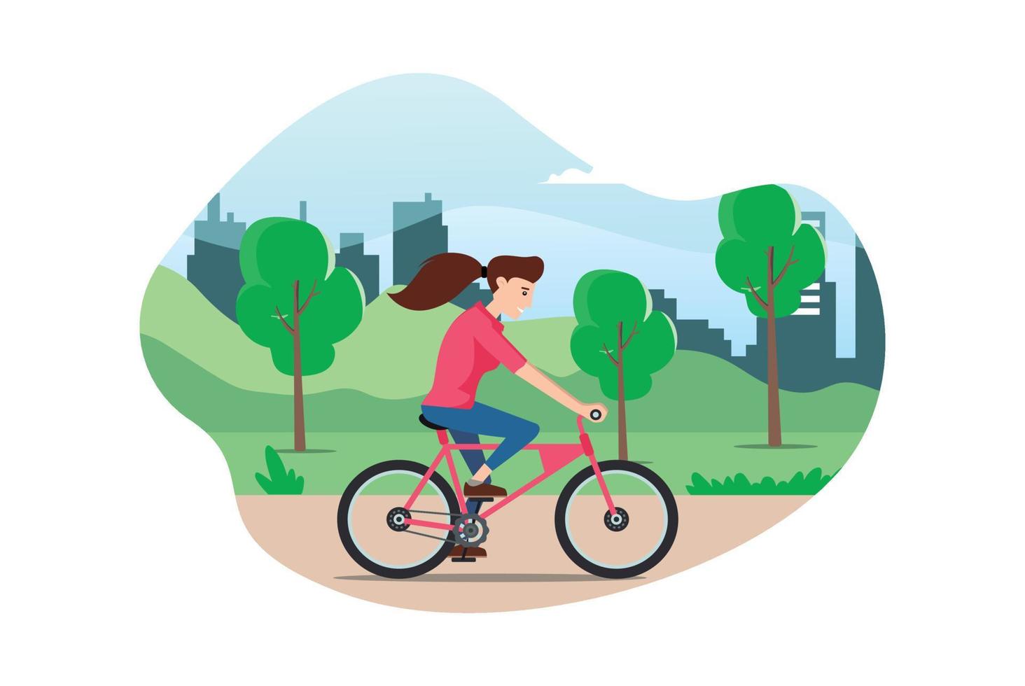 ung människor rider en sporter cykel på en parkera väg, vektor illustration lämplig för diagram, infografik, spel tillgång, och Övrig grafisk tillgång
