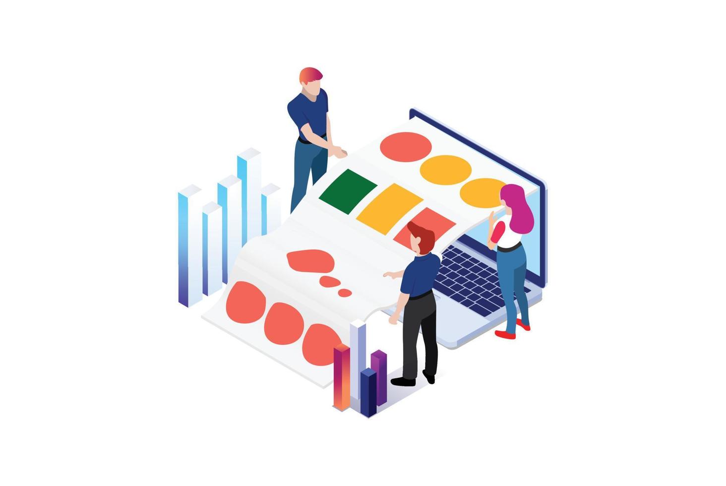 isometrisch Experte Mannschaft zum Daten Analyse, Geschäft Statistik, Management, Beratung, Marketing. Landung Seite Vorlage Konzept. geeignet zum Diagramme, Infografiken, und andere Anlagegut vektor