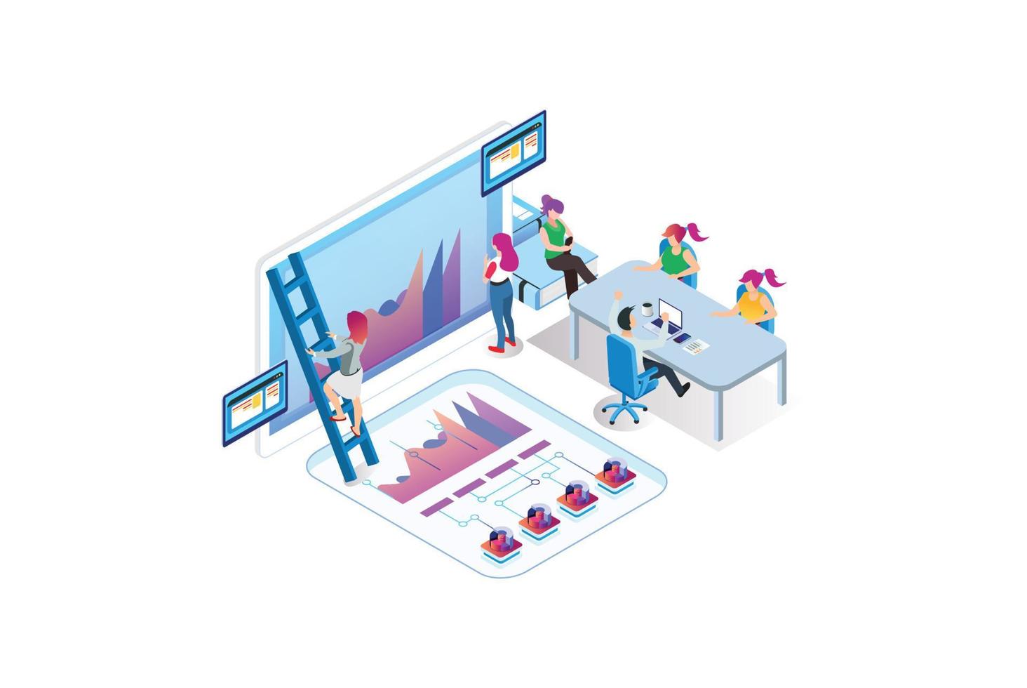 isometrisch Experte Mannschaft zum Daten Analyse, Geschäft Statistik, Management, Beratung, Marketing. Landung Seite Vorlage Konzept. geeignet zum Diagramme, Infografiken, und andere Anlagegut vektor