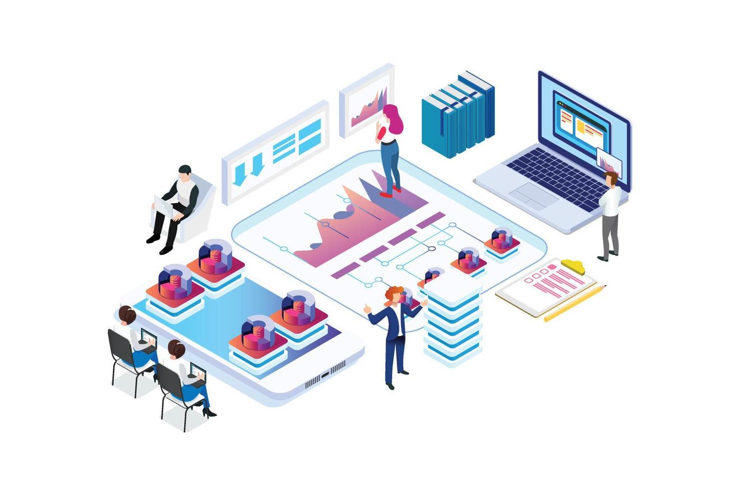 moderne isometrische datenanalyseillustration, webbanner, geeignet für diagramme, infografiken, buchillustrationen, spielobjekte und andere grafikbezogene objekte vektor